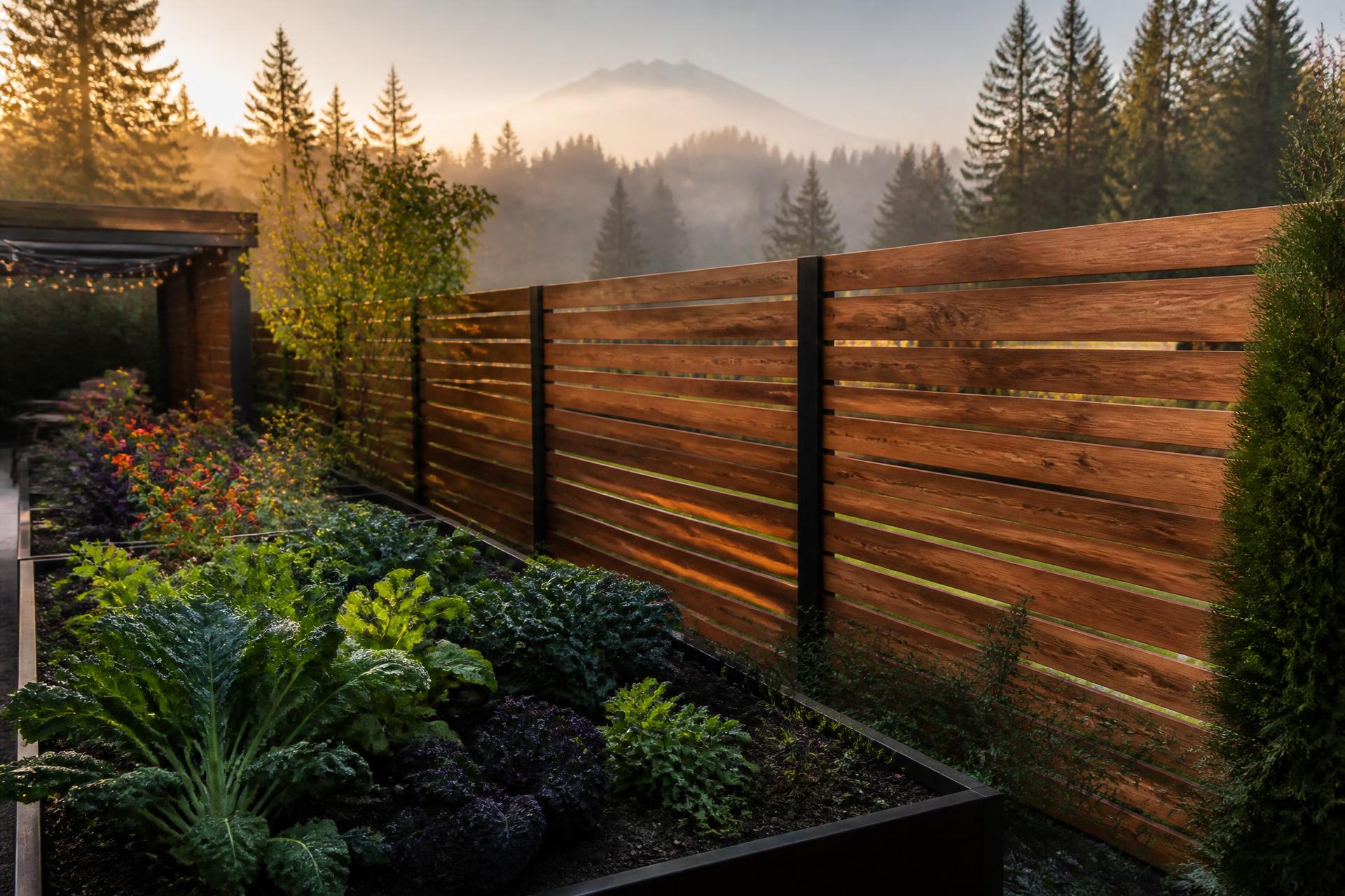 Cedar horizontal fence with raised garden beds and Mount Rainier in the distance